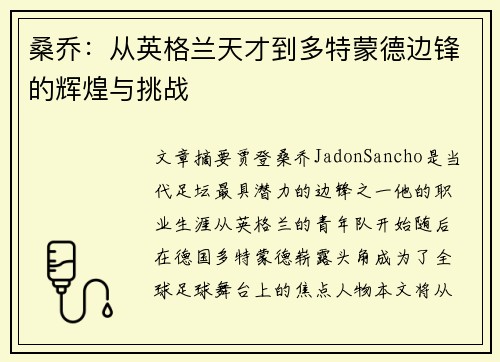桑乔:从英格兰天才到多特蒙德边锋的辉煌与挑战 桑乔:从英格兰天才到多特蒙德边锋的辉煌与挑战