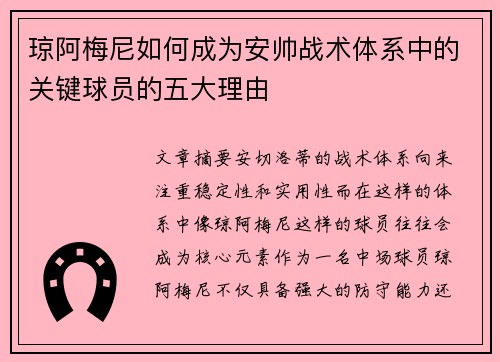 琼阿梅尼如何成为安帅战术体系中的关键球员的五大理由