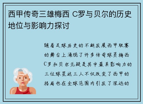 西甲传奇三雄梅西 C罗与贝尔的历史地位与影响力探讨