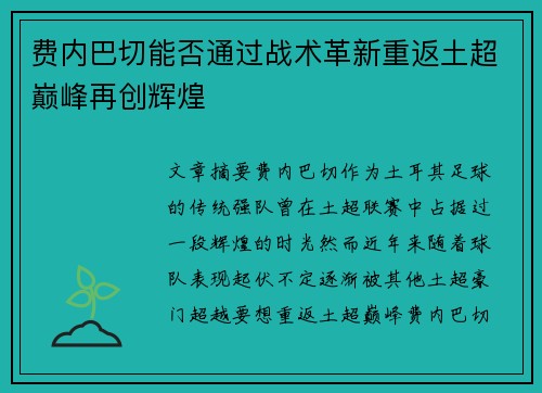 费内巴切能否通过战术革新重返土超巅峰再创辉煌 费内巴切能否通过战术革新重返土超巅峰再创辉煌
