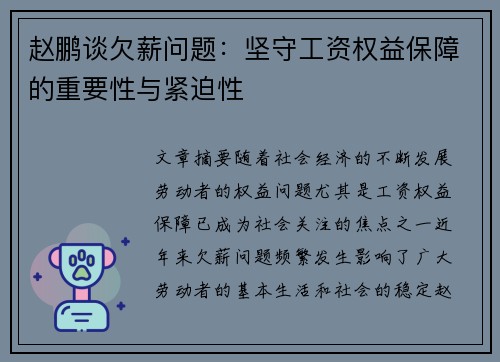 赵鹏谈欠薪问题：坚守工资权益保障的重要性与紧迫性
